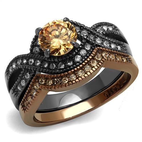 JCE2957 IP Light Black & IP Light coffee Stainless Steel Ring with AAA Grade CZ in Champagne