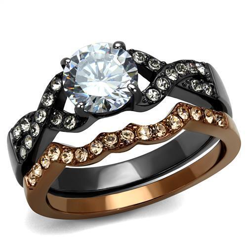 JCE2958 IP Light Black & IP Light coffee Stainless Steel Ring with AAA Grade CZ in Clear