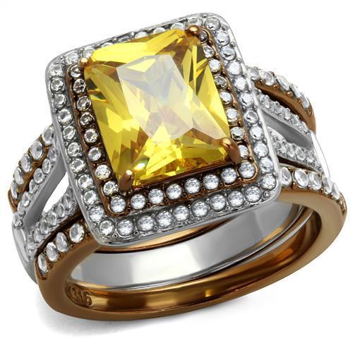 JCE2962 Two Tone IP Light Brown (IP Light coffee) Stainless Steel Ring with AAA Grade CZ in Topaz