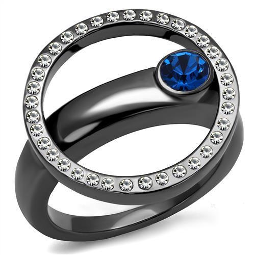 JCE2974 IP Light Black (IP Gun) Stainless Steel Ring with Top Grade Crystal in Capri Blue