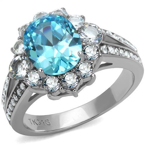 JCE2977 High polished (no plating) Stainless Steel Ring with AAA Grade CZ in Sea Blue