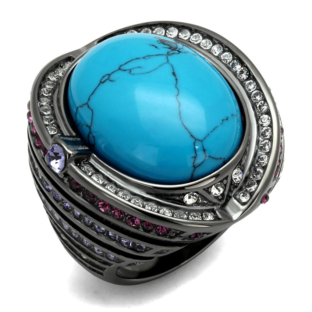 JCE2983 IP Light Black (IP Gun) Stainless Steel Ring with Synthetic Turquoise in Sea Blue