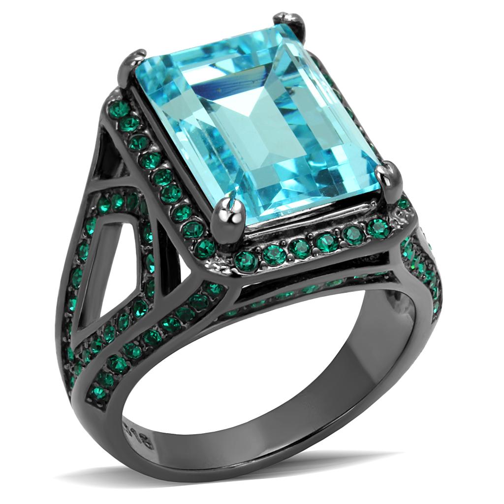 JCE2988 IP Light Black (IP Gun) Stainless Steel Ring with Top Grade Crystal in Sea Blue