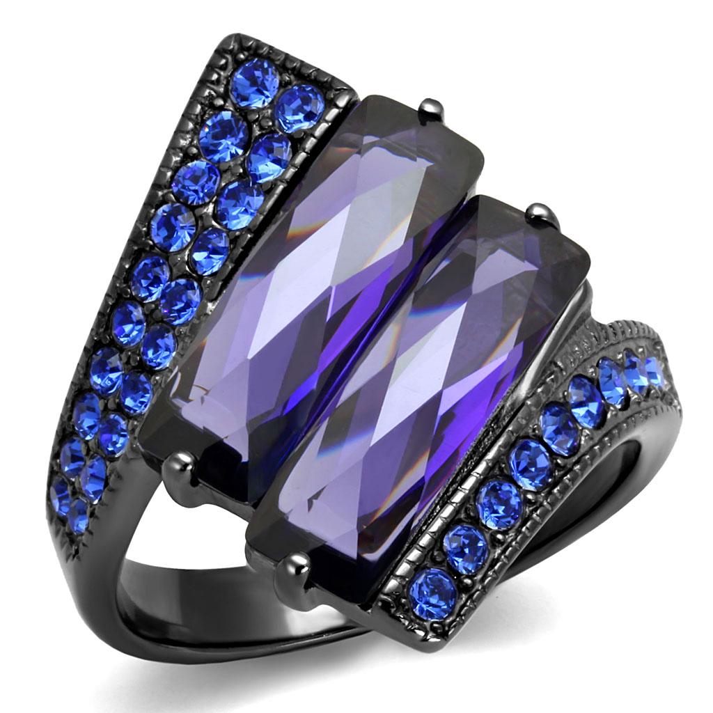 JCE2996 IP Light Black (IP Gun) Stainless Steel Ring with AAA Grade CZ in Tanzanite
