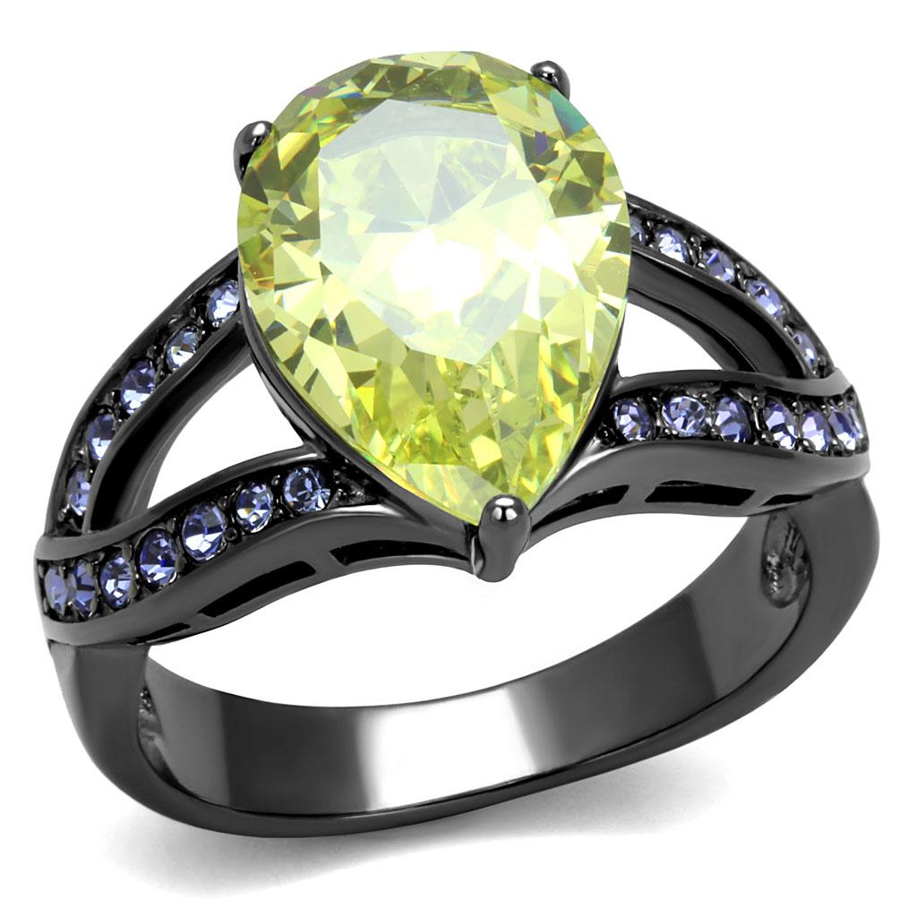 JCE2997 IP Light Black (IP Gun) Stainless Steel Ring with AAA Grade CZ in Apple Green color