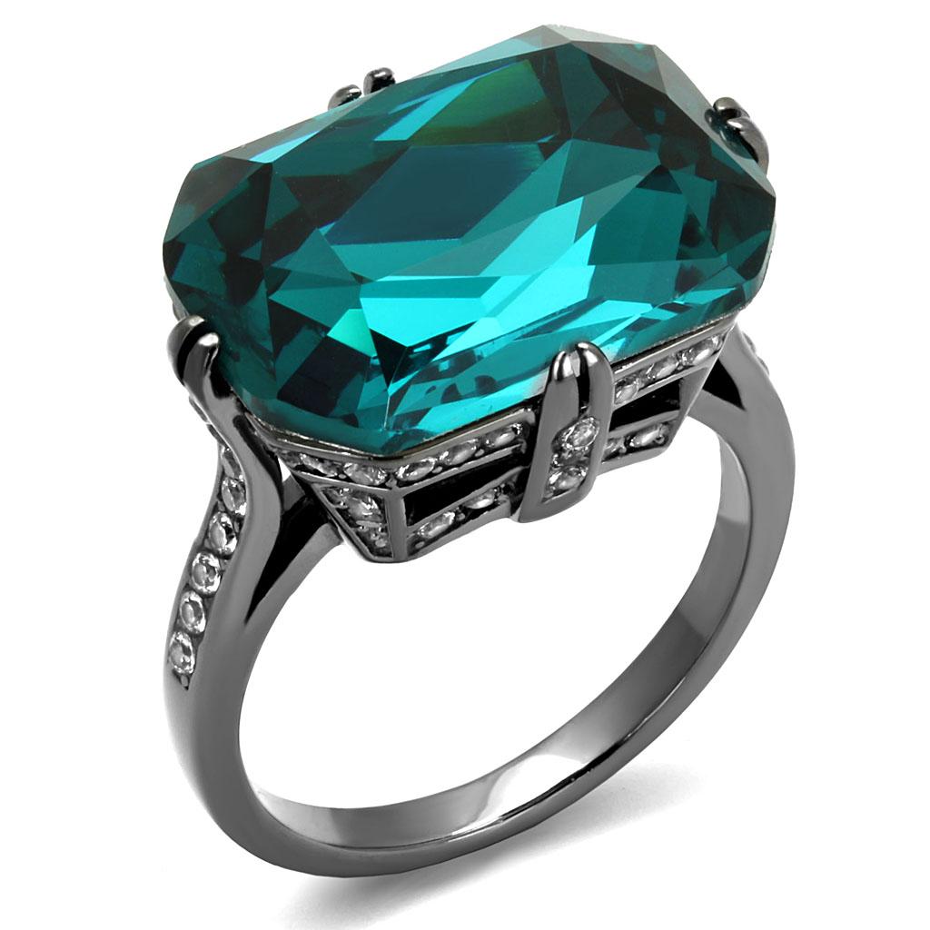 JCE2998 IP Light Black (IP Gun) Stainless Steel Ring with Top Grade Crystal in Blue Zircon