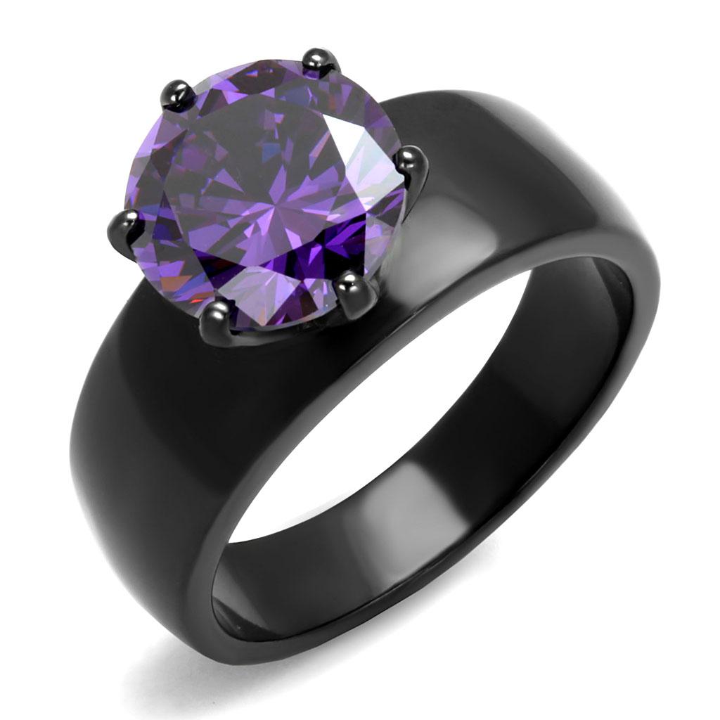 JCE2999 IP Black(Ion Plating) Stainless Steel Ring with AAA Grade CZ in Amethyst