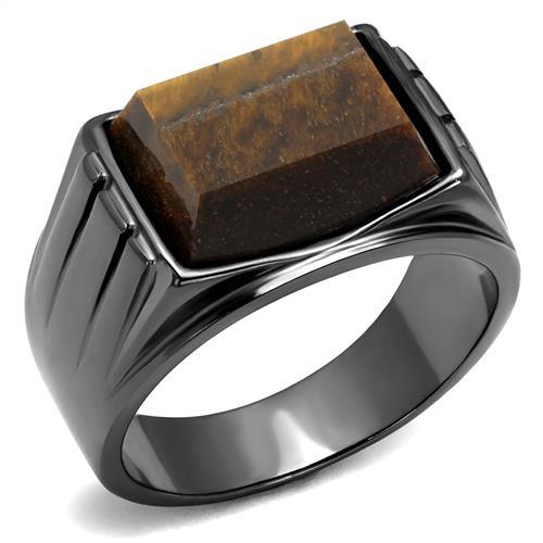 JCE3001 IP Light Black  (IP Gun) Stainless Steel Ring with Synthetic Tiger Eye in Topaz