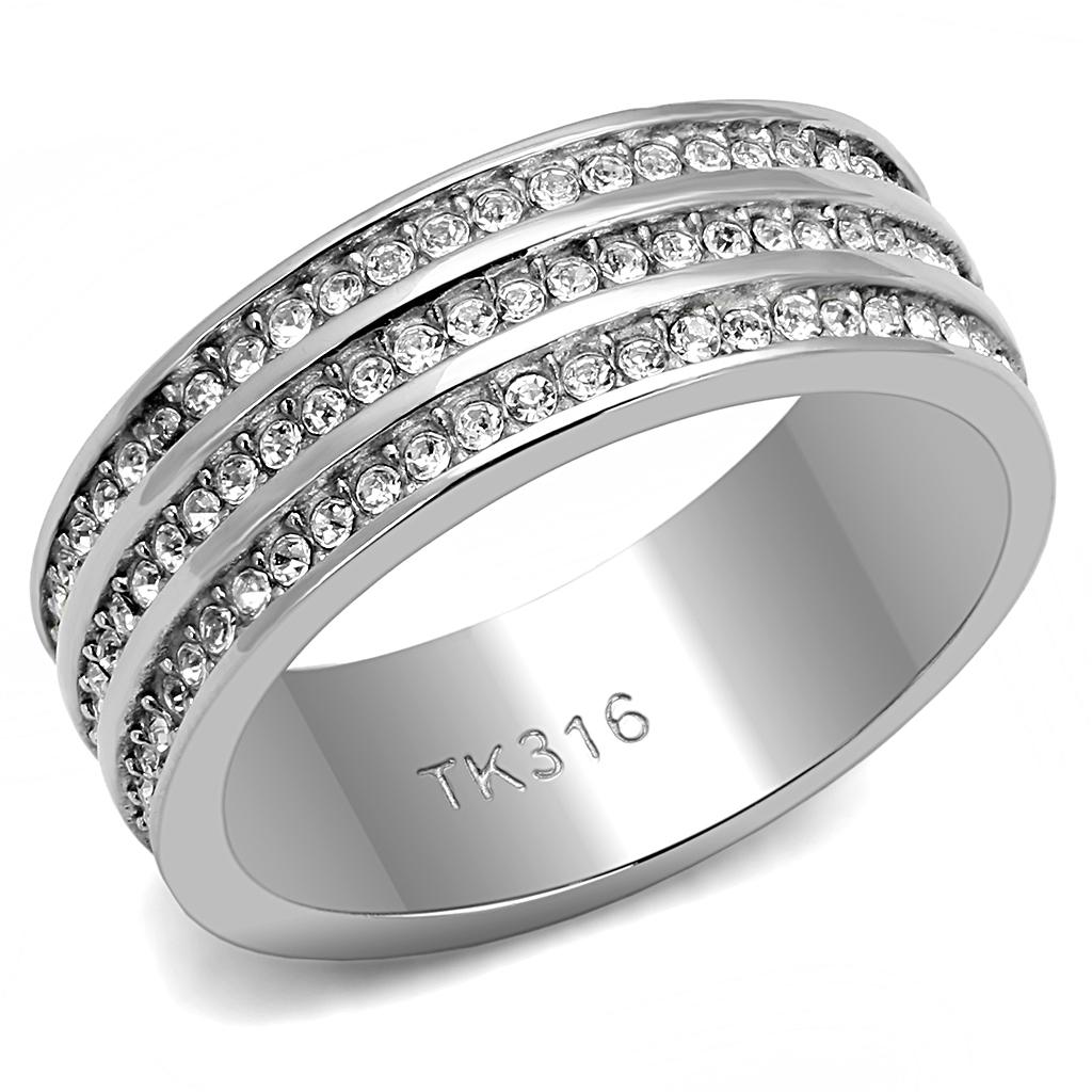 JCE3028 High polished (no plating) Stainless Steel Ring with Top Grade Crystal in Clear