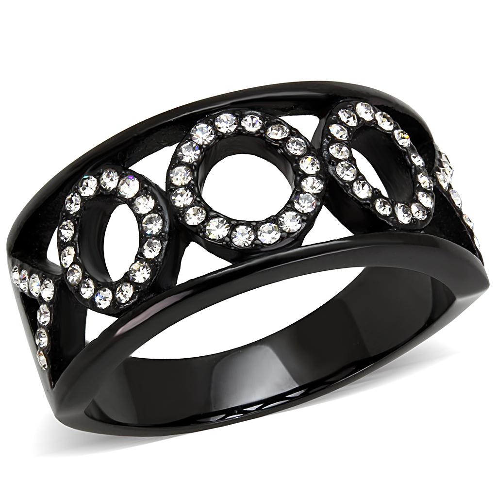 JCE3046 IP Black(Ion Plating) Stainless Steel Ring with Top Grade Crystal in Clear
