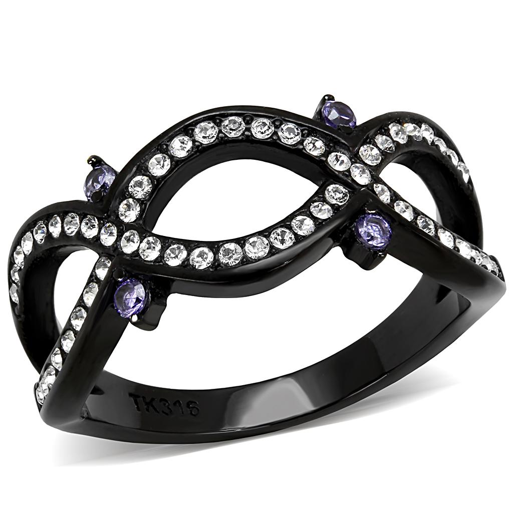 JCE3047 IP Black(Ion Plating) Stainless Steel Ring with AAA Grade CZ in Amethyst