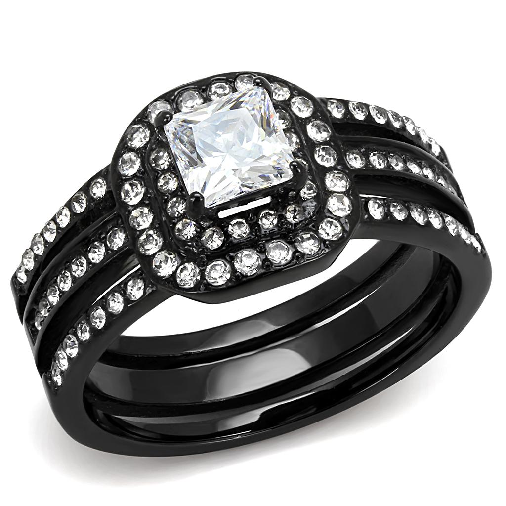 JCE3048 IP Black(Ion Plating) Stainless Steel Ring with AAA Grade CZ in Clear