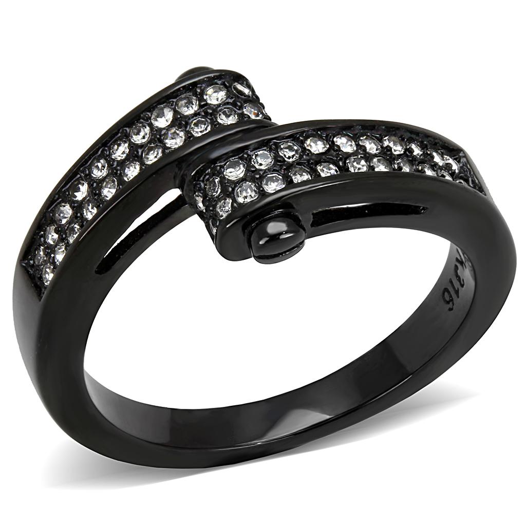 JCE3049 IP Black(Ion Plating) Stainless Steel Ring with Top Grade Crystal in Clear