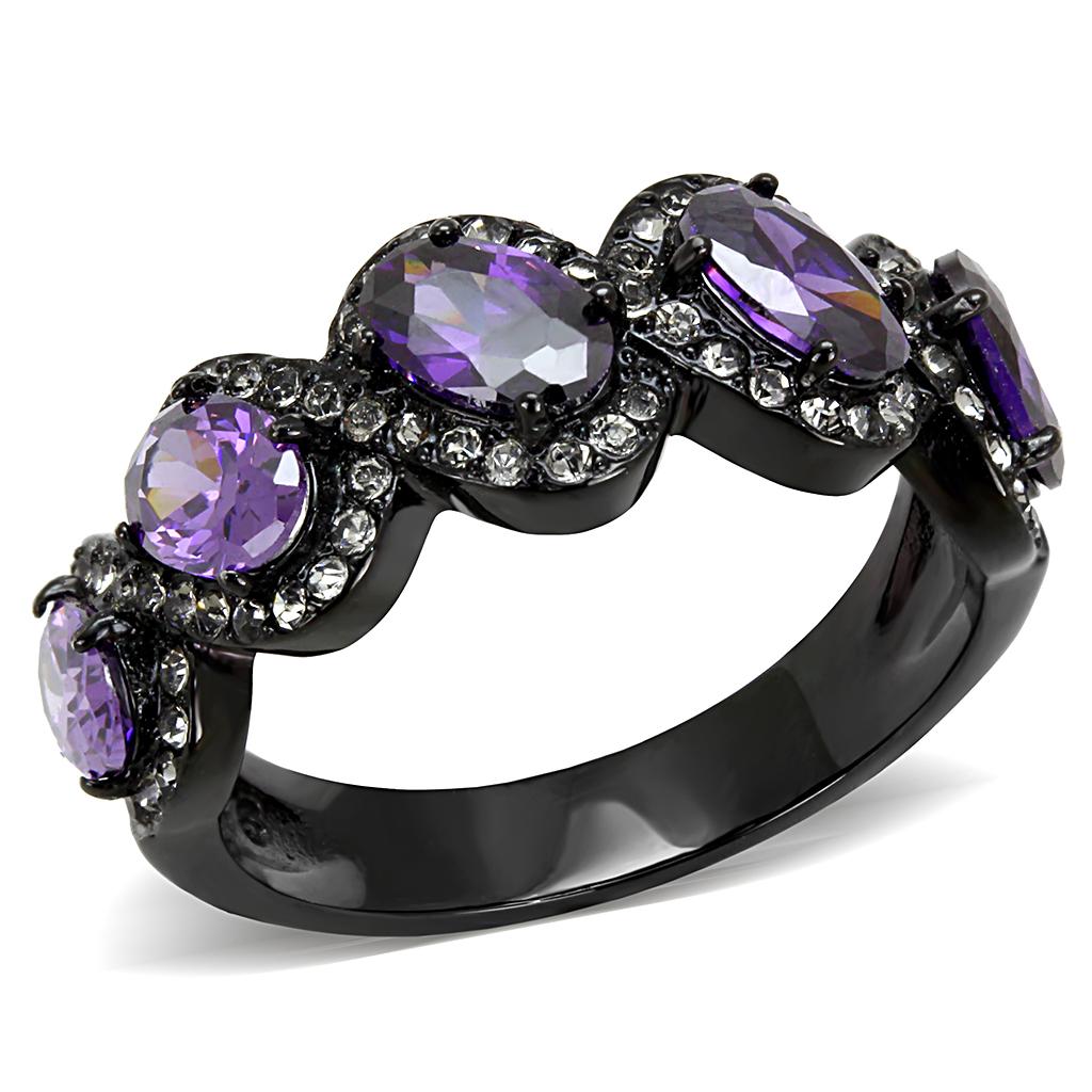 JCE3051 IP Black(Ion Plating) Stainless Steel Ring with AAA Grade CZ in Amethyst