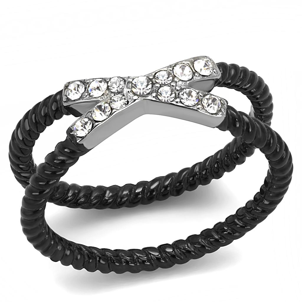 JCE3053 Two-Tone IP Black (Ion Plating) Stainless Steel Ring with Top Grade Crystal in Clear