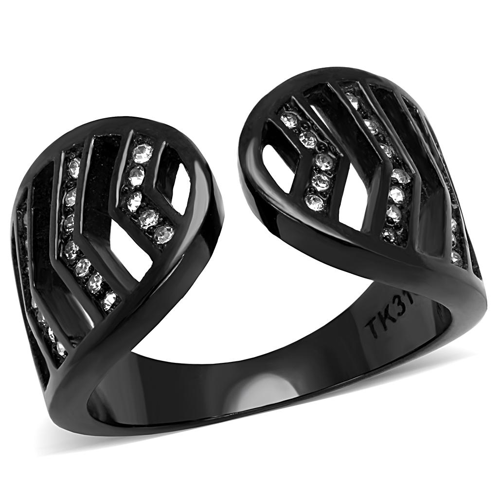 JCE3056 IP Black(Ion Plating) Stainless Steel Ring with Top Grade Crystal in Clear