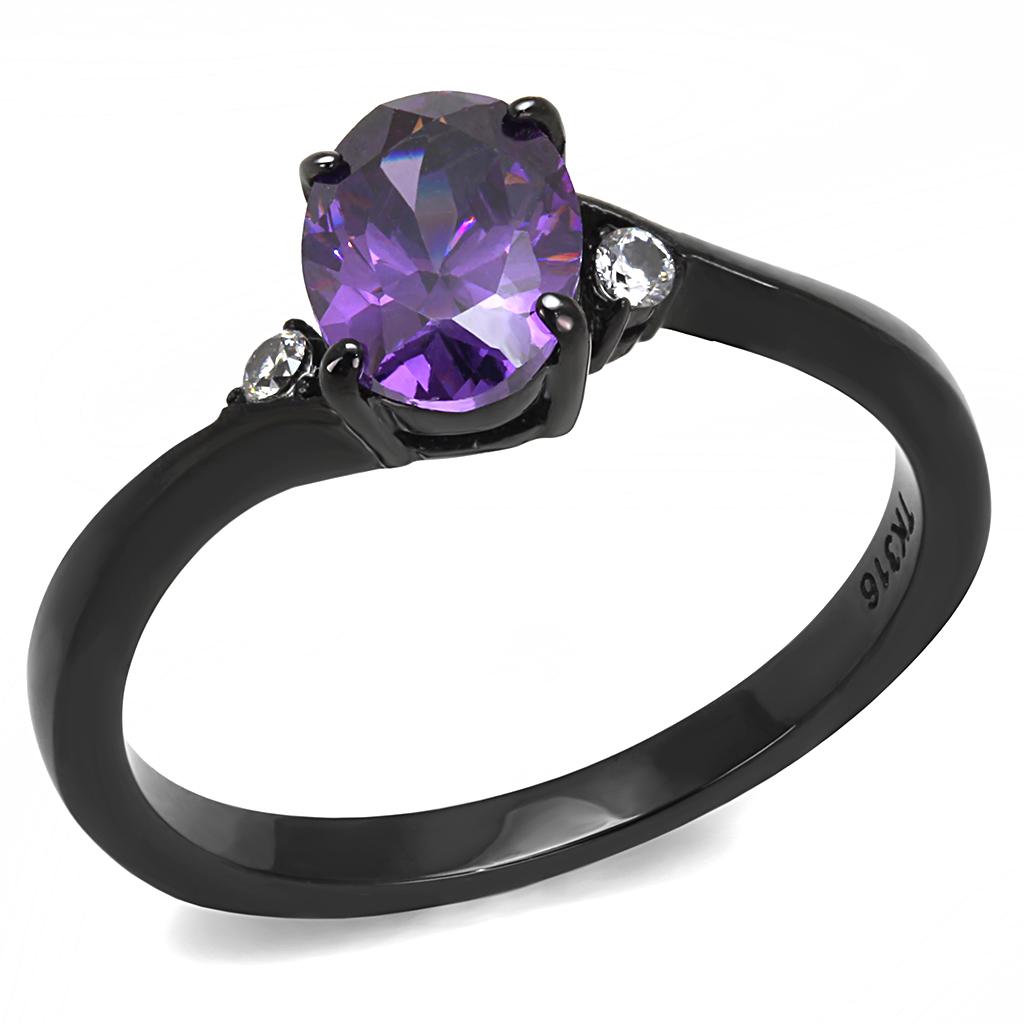 JCE3063 IP Black(Ion Plating) Stainless Steel Ring with AAA Grade CZ in Amethyst