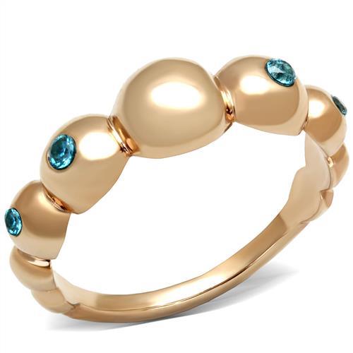 JCE3088 IP Rose Gold(Ion Plating) Stainless Steel Ring with AAA Grade CZ in Sea Blue