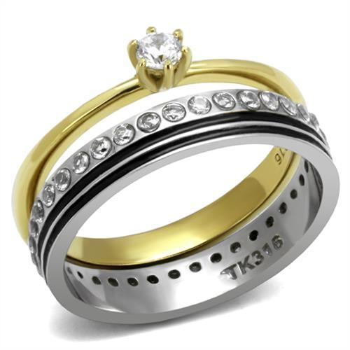 JCE3108 Two-Tone IP Gold (Ion Plating) Stainless Steel Ring with AAA Grade CZ in Clear