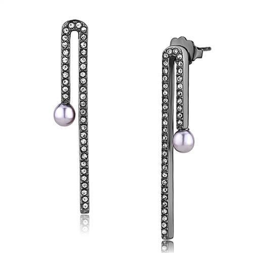 JCE3161 IP Light Black (IP Gun) Stainless Steel Earrings with Synthetic Pearl in Light Amethyst