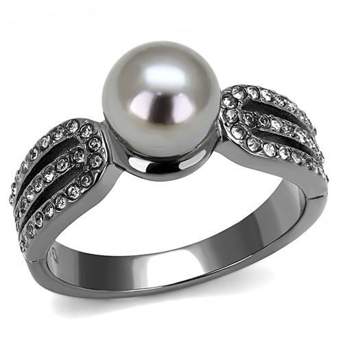 JCE3170 IP Light Black  (IP Gun) Stainless Steel Ring with Synthetic Pearl in Gray