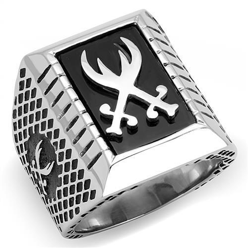 JCE3191 High polished (no plating) Stainless Steel Ring with Semi-Precious Onyx in Jet