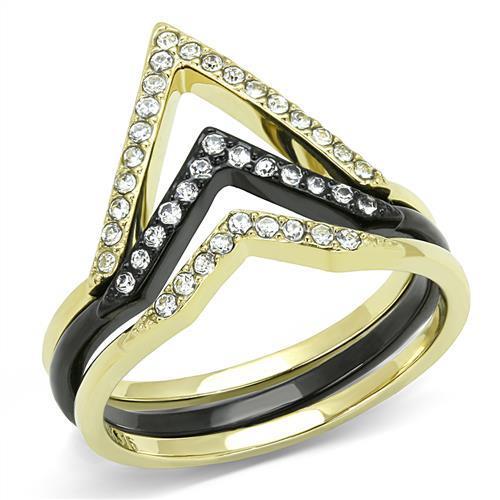 JCE3202 IP Gold+ IP Black (Ion Plating) Stainless Steel Ring with Top Grade Crystal in Clear