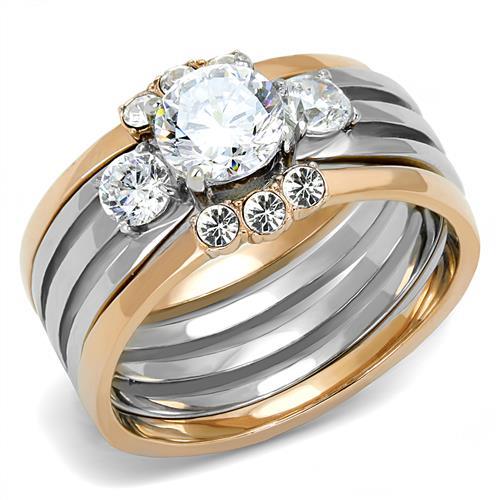 JCE3212 Two-Tone IP Rose Gold Stainless Steel Ring with AAA Grade CZ in Clear