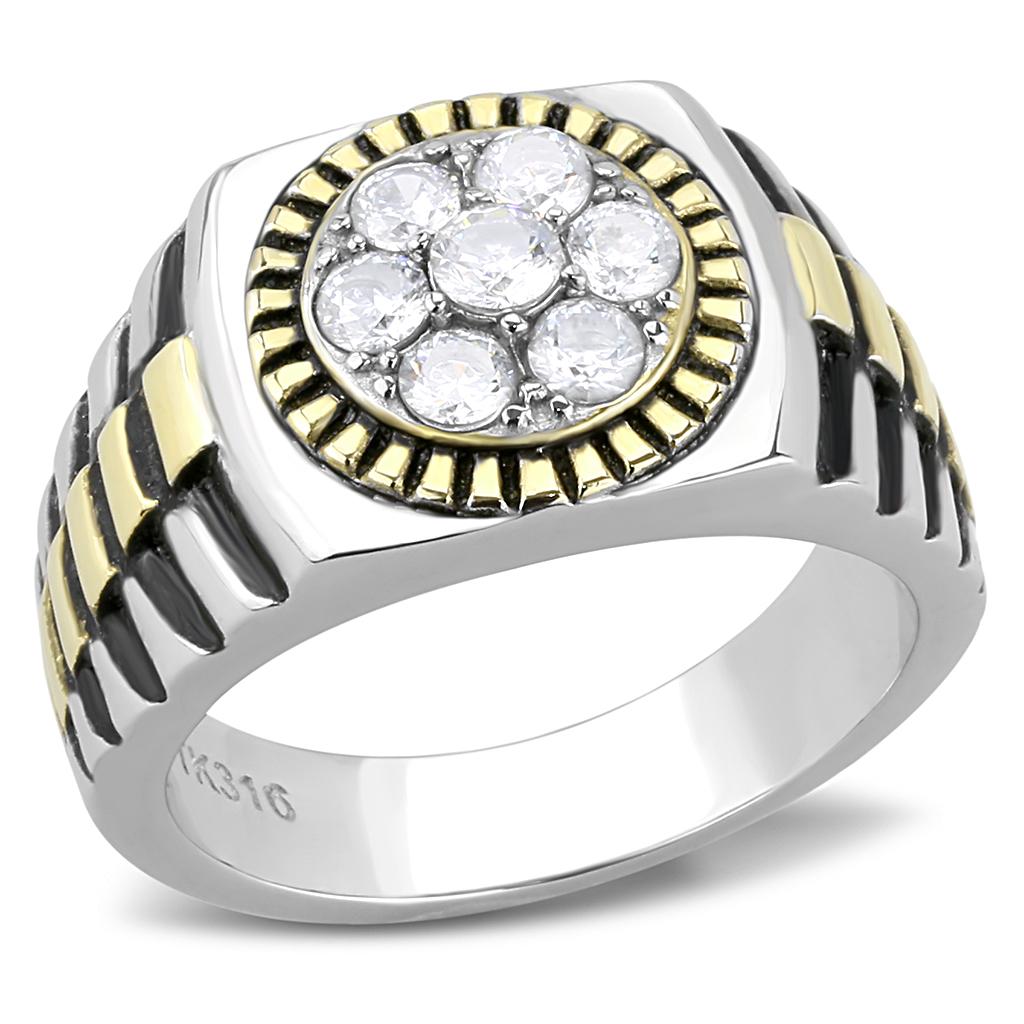 JCE3240 Two-Tone IP Gold (Ion Plating) Stainless Steel Ring with AAA Grade CZ in Clear