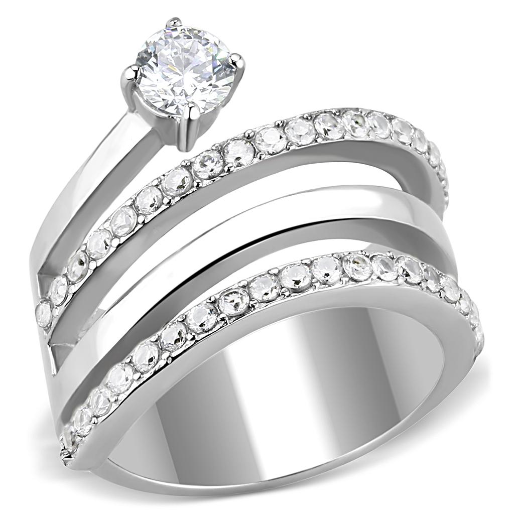 JCE3254 High polished (no plating) Stainless Steel Ring with AAA Grade CZ in Clear