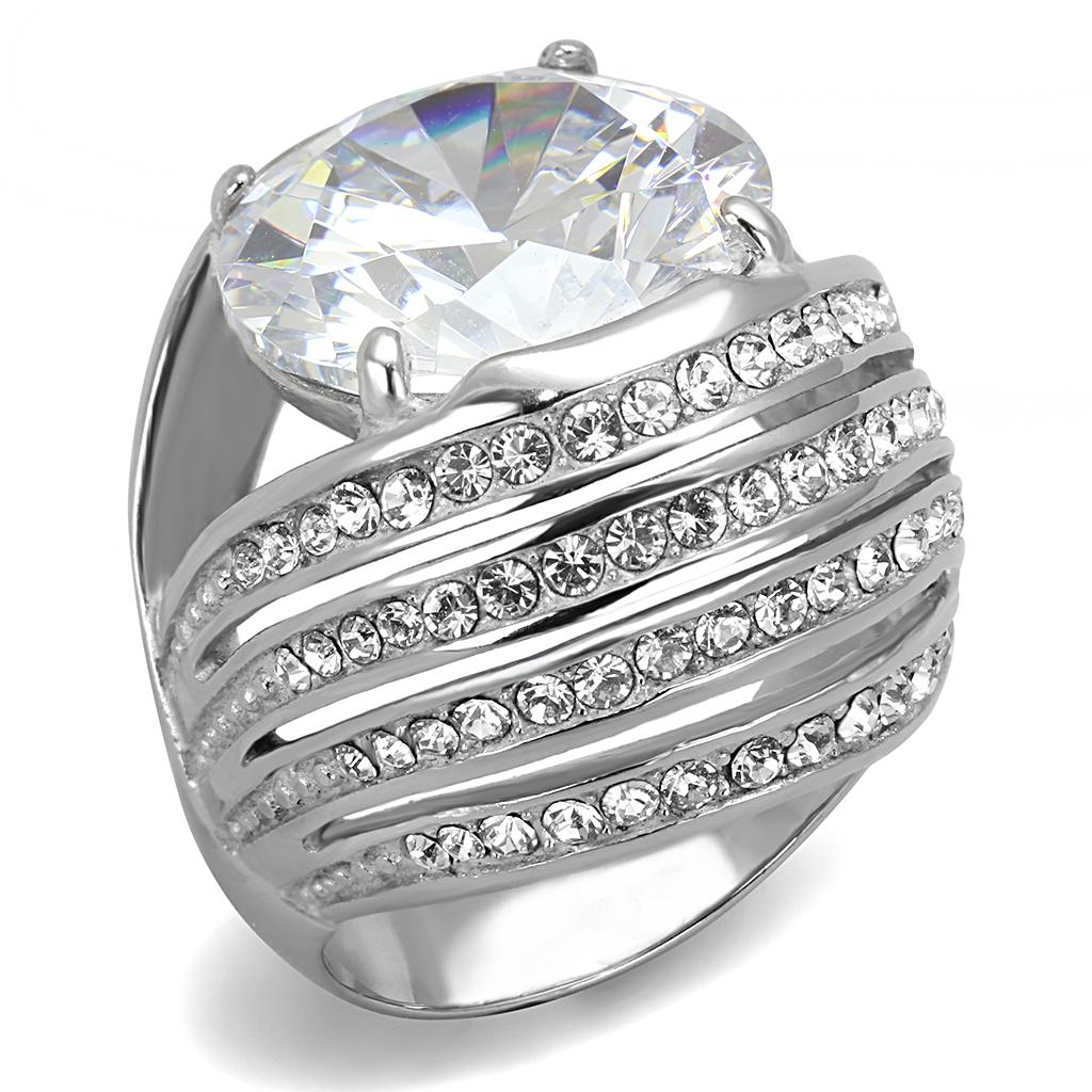 JCE3263 High polished (no plating) Stainless Steel Ring with AAA Grade CZ in Clear