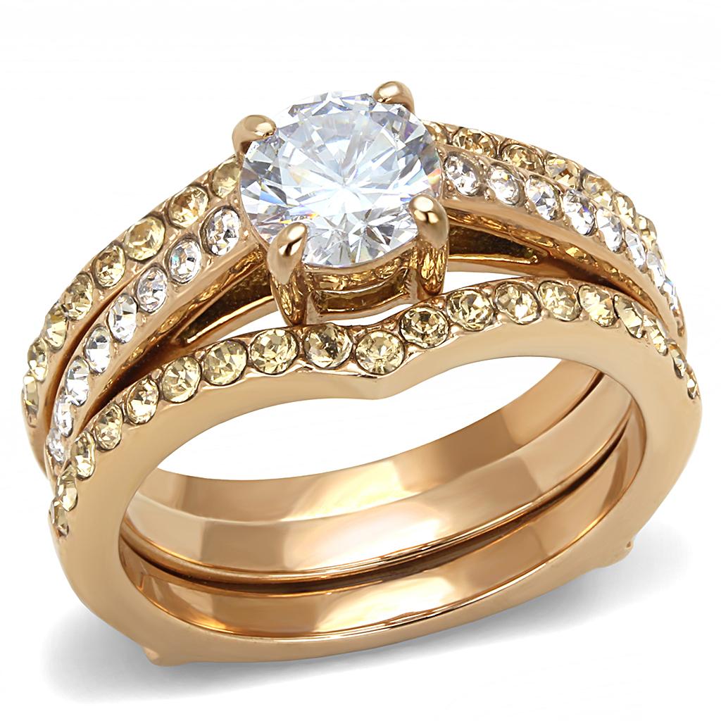 JCE3264 IP Rose Gold(Ion Plating) Stainless Steel Ring with AAA Grade CZ in Clear