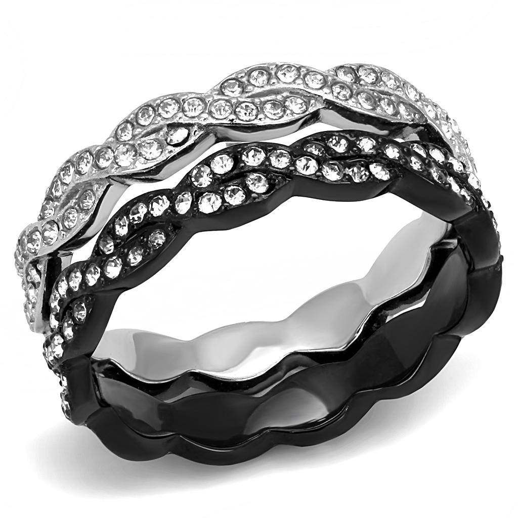 JCE3265 Two-Tone IP Black (Ion Plating) Stainless Steel Ring with Top Grade Crystal in Clear