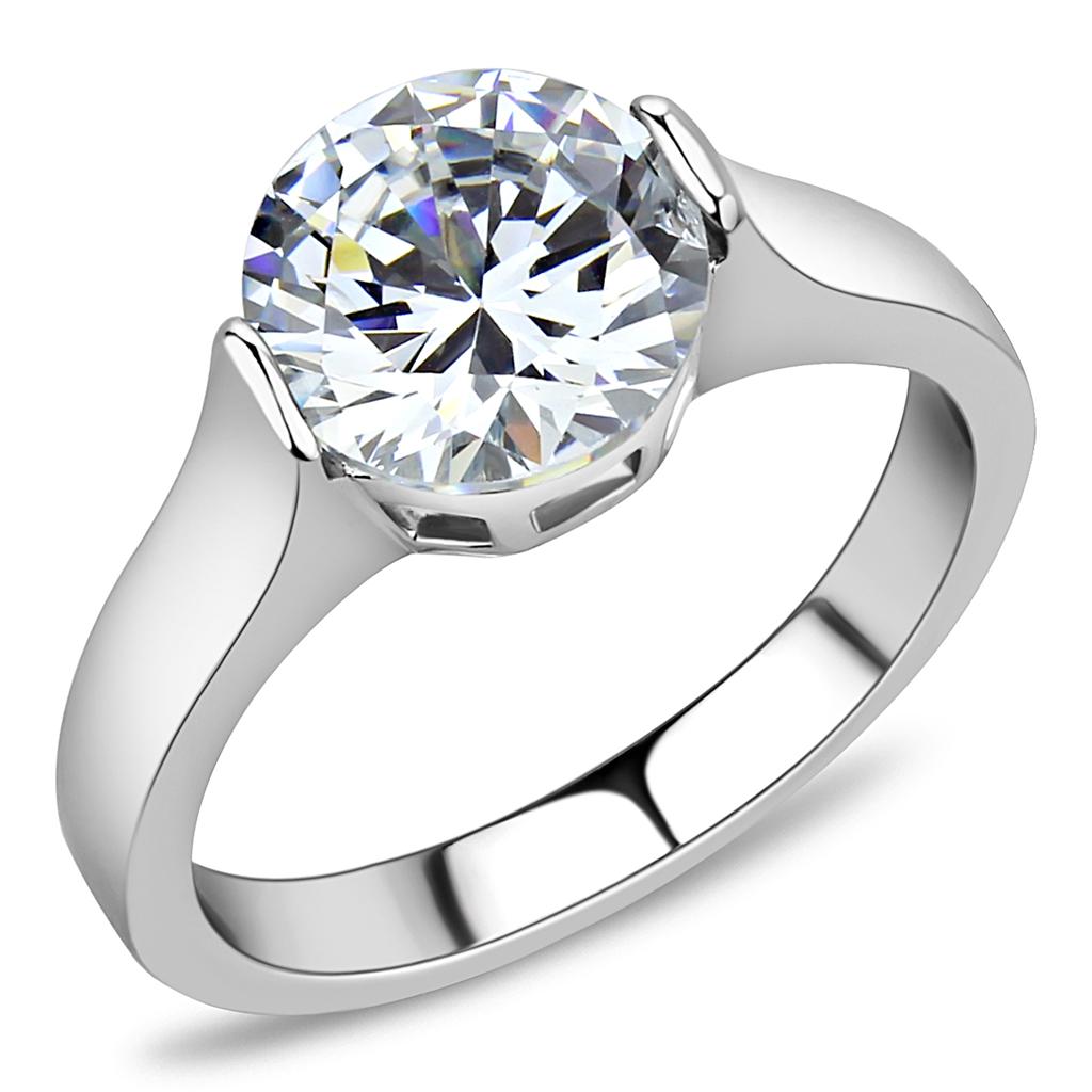 JCE3432 High polished (no plating) Stainless Steel Ring with AAA Grade CZ in Clear