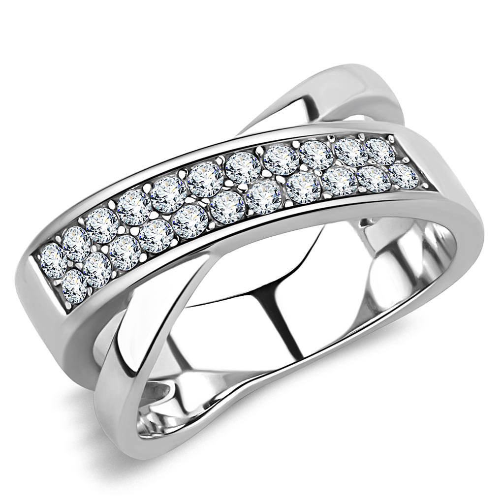 JCE3436 High polished (no plating) Stainless Steel Ring with Top Grade Crystal in Clear