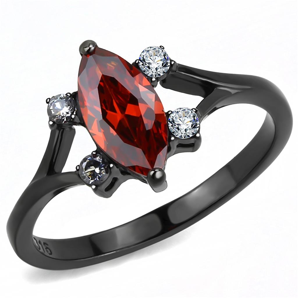 JCE3445 IP Black(Ion Plating) Stainless Steel Ring with AAA Grade CZ in Garnet
