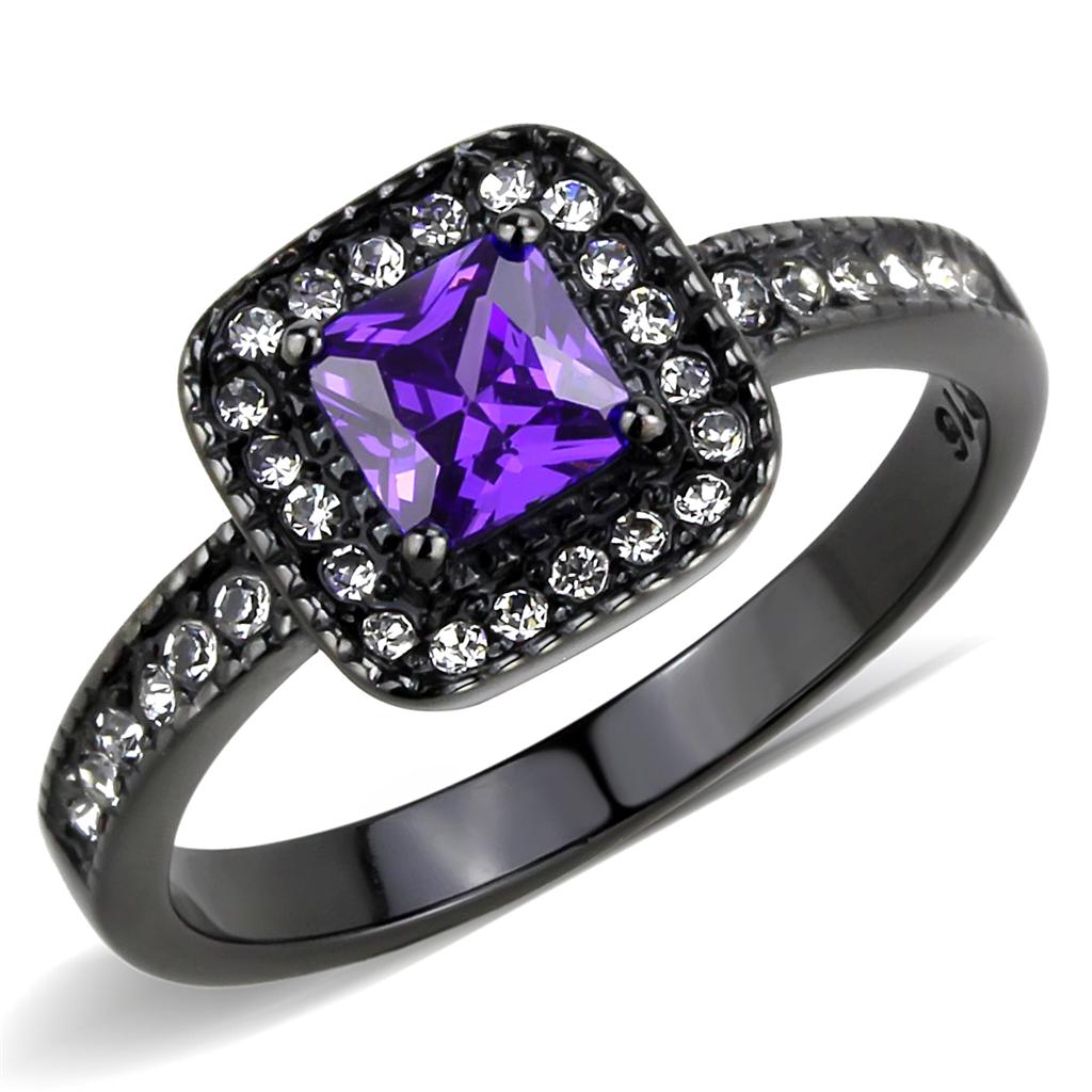 JCE3450 IP Black(Ion Plating) Stainless Steel Ring with AAA Grade CZ in Tanzanite