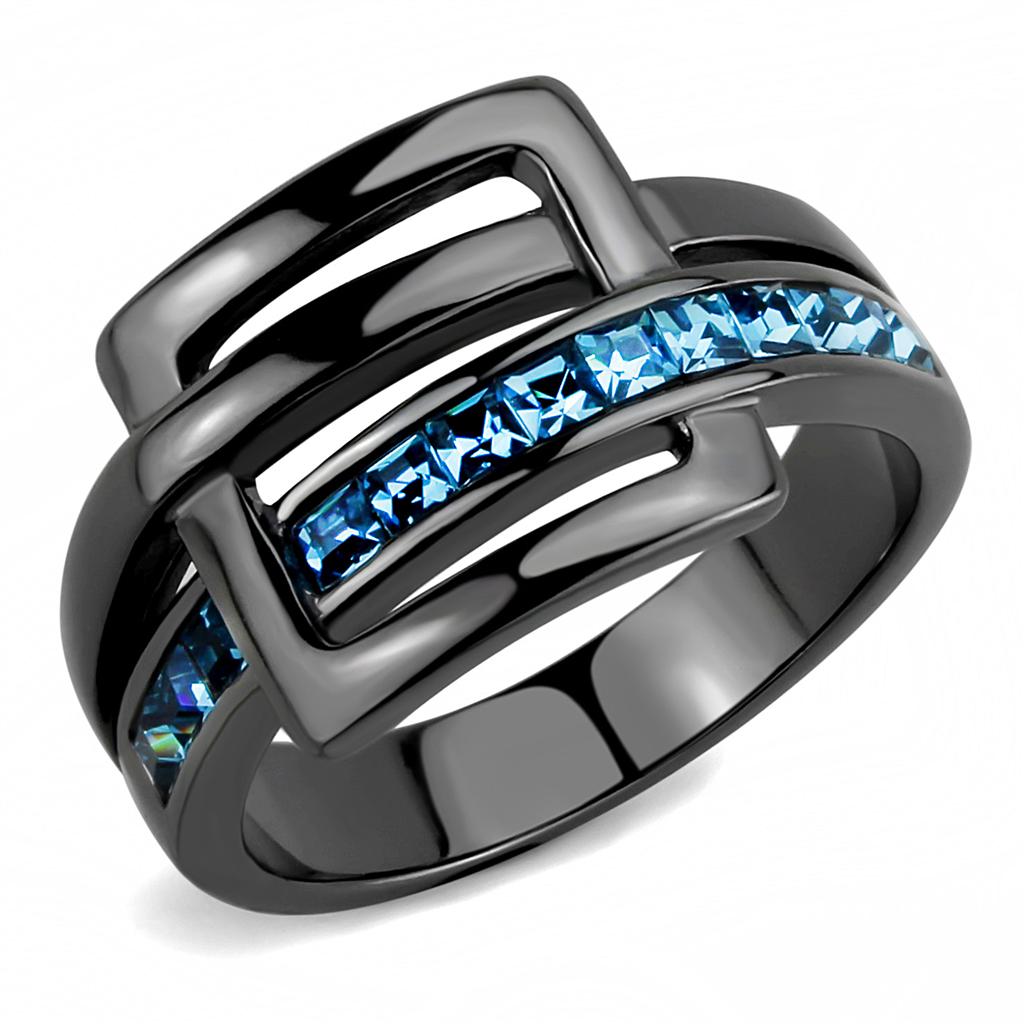 JCE3451 IP Light Black (IP Gun) Stainless Steel Ring with Top Grade Crystal in Sea Blue