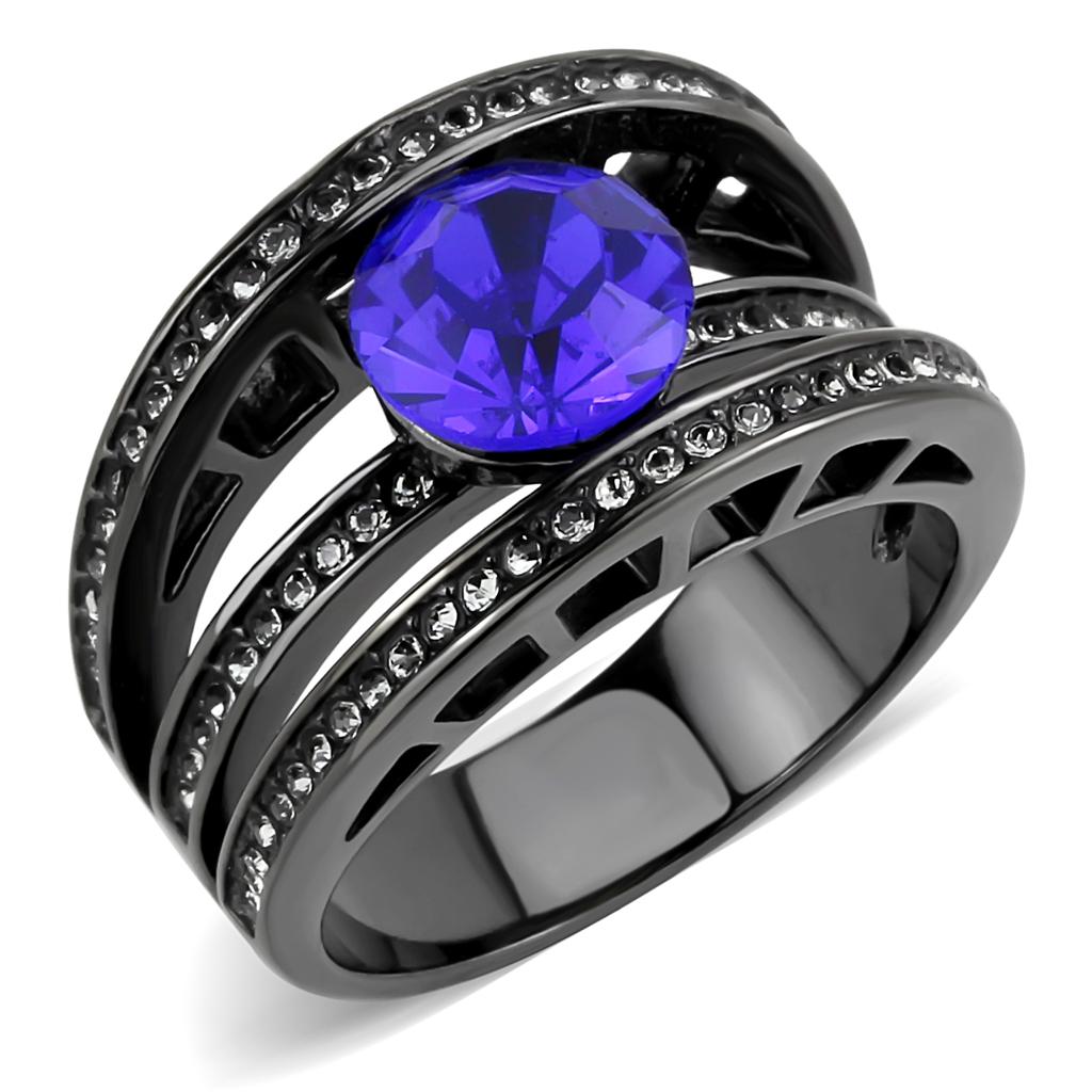JCE3453 IP Light Black (IP Gun) Stainless Steel Ring with Top Grade Crystal in Sapphire