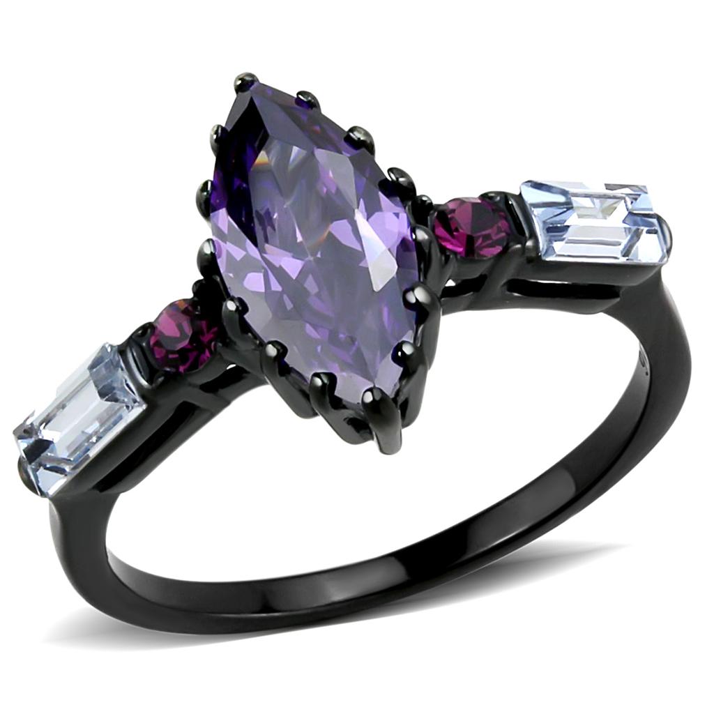 JCE3456 IP Black(Ion Plating) Stainless Steel Ring with AAA Grade CZ in Amethyst