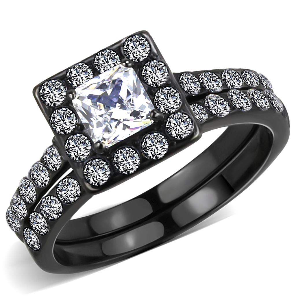 JCE3458 IP Black(Ion Plating) Stainless Steel Ring with AAA Grade CZ in Clear
