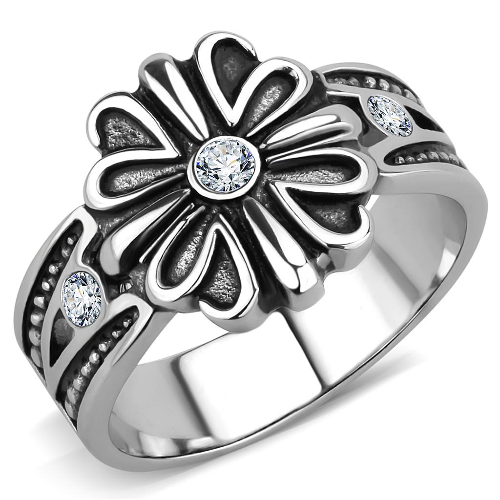 JCE3462 High polished (no plating) Stainless Steel Ring with Top Grade Crystal in Clear