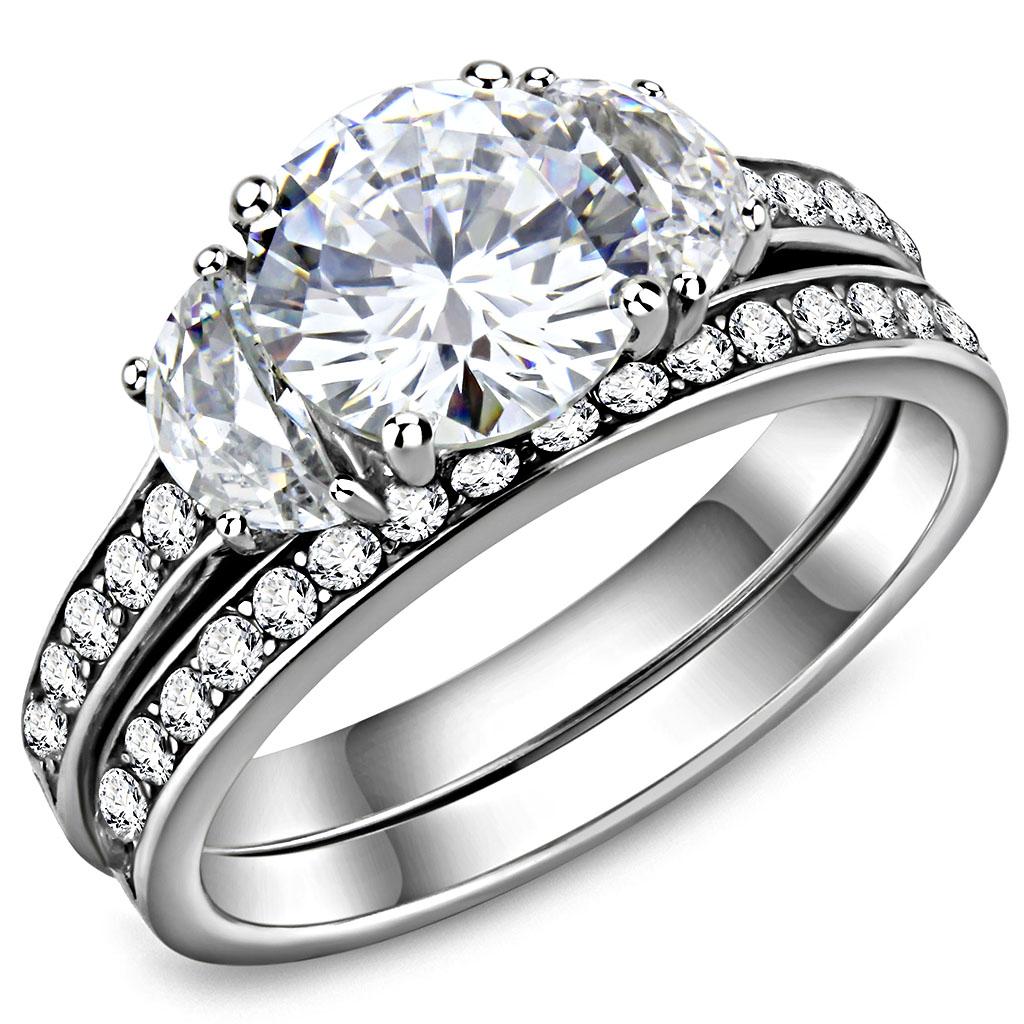JCE3509 High polished (no plating) Stainless Steel Ring with AAA Grade CZ in Clear