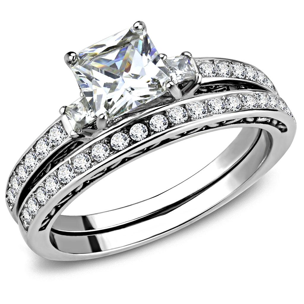 JCE3510 High polished (no plating) Stainless Steel Ring with AAA Grade CZ in Clear