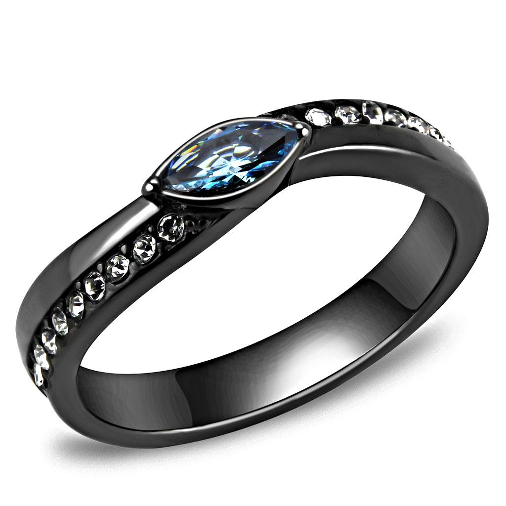 JCE3511 IP Light Black (IP Gun) Stainless Steel Ring with AAA Grade CZ in Sea Blue