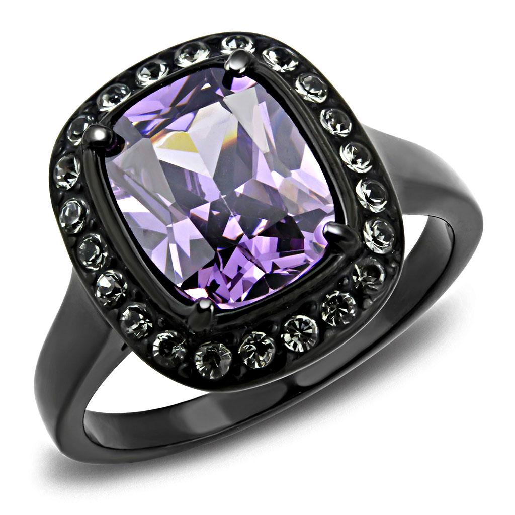 JCE3512 IP Black(Ion Plating) Stainless Steel Ring with AAA Grade CZ in Amethyst