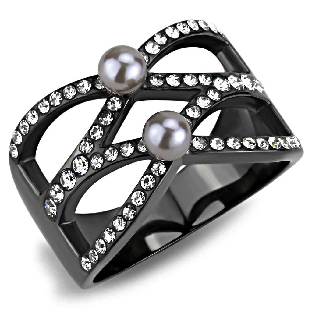 JCE3515 IP Light Black (IP Gun) Stainless Steel Ring with Synthetic Pearl in Gray