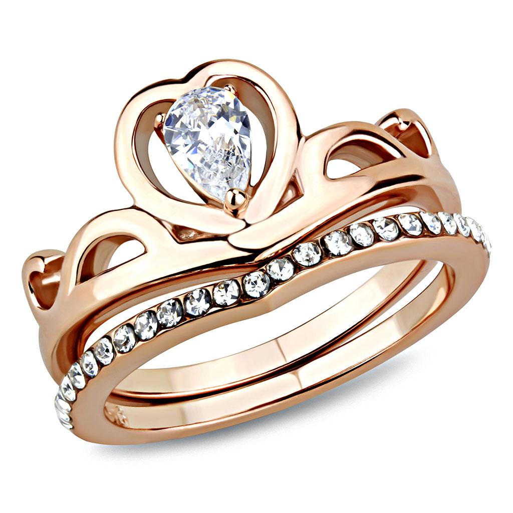 JCE3518 IP Rose Gold(Ion Plating) Stainless Steel Ring with AAA Grade CZ in Clear