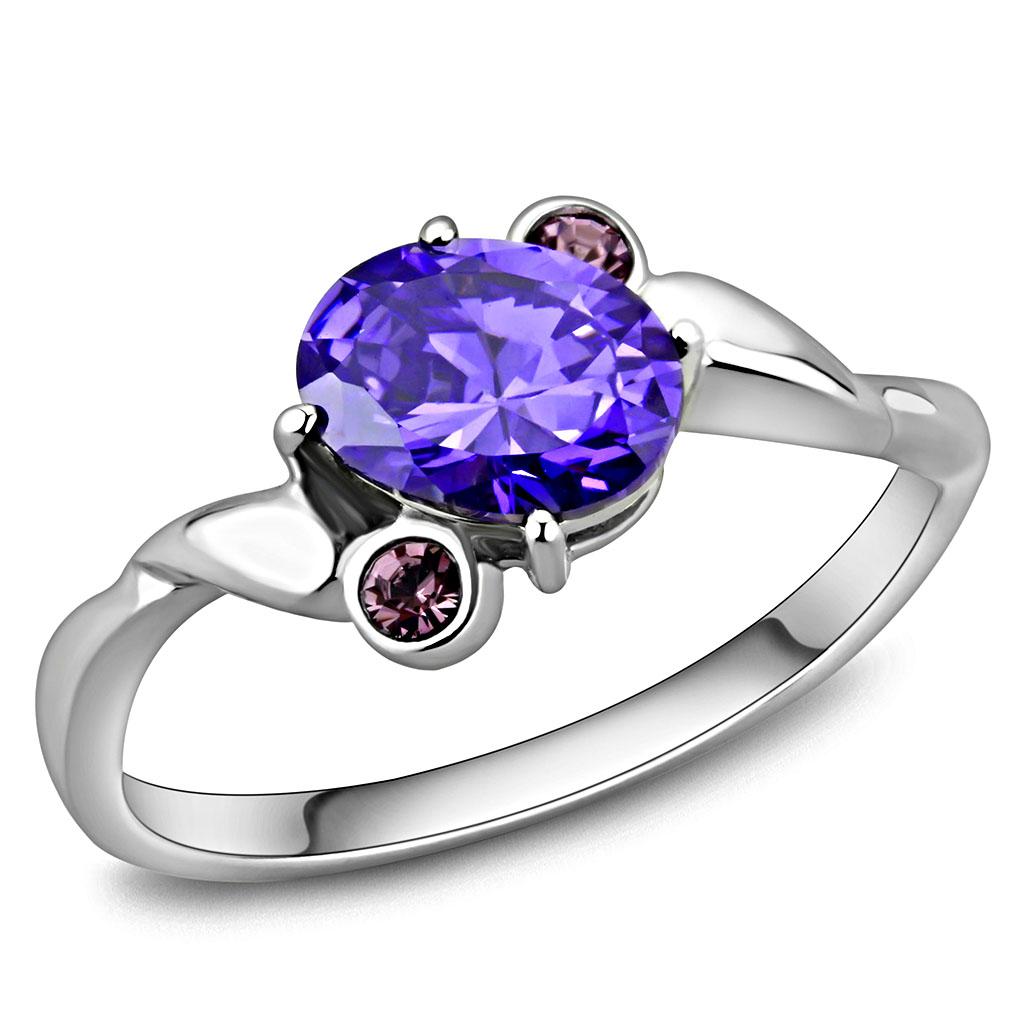 JCE3525 High polished (no plating) Stainless Steel Ring with AAA Grade CZ in Tanzanite