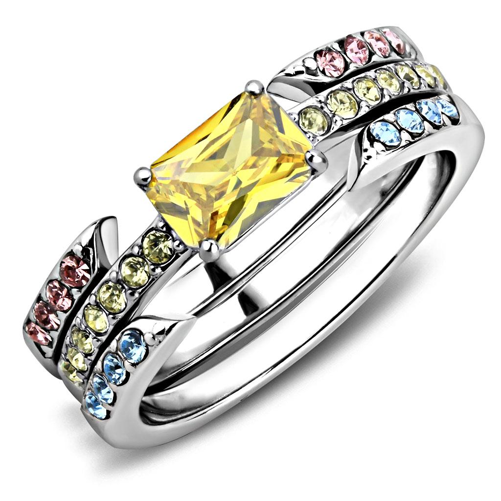 JCE3526 High polished (no plating) Stainless Steel Ring with AAA Grade CZ in Topaz